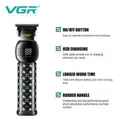 VGR New Hair Clipper LED Intelligent Digital USB Hair Trimmer Ceramic Stainless Steel Blade Professional Electric Push V-185