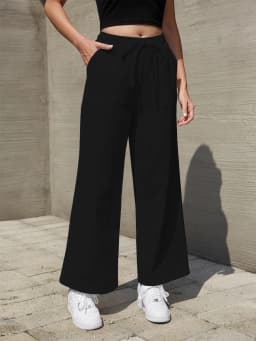 Women's Solid Color Loose Wide Leg Pants Casual Drawstring Straight Pants Pocket Casual Pants Trousers Loose High Waisted Pants