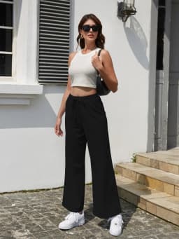 Women's Solid Color Loose Wide Leg Pants Casual Drawstring Straight Pants Pocket Casual Pants Trousers Loose High Waisted Pants