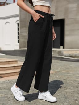 Women's Solid Color Loose Wide Leg Pants Casual Drawstring Straight Pants Pocket Casual Pants Trousers Loose High Waisted Pants
