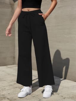Women's Solid Color Loose Wide Leg Pants Casual Drawstring Straight Pants Pocket Casual Pants Trousers Loose High Waisted Pants