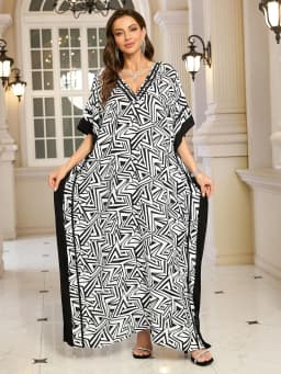 Kaftan Dresses for Women V-Neck Print Swimsuit Cover Up Plus Size Beach Caftan Lounge Dress