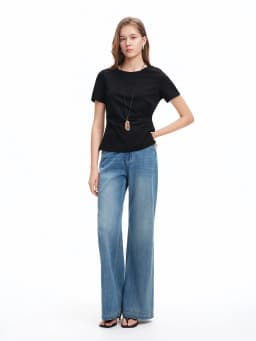 DUSHU 2026 Summer Women Asymmetrical Cut-out T-shirt Structured Shoulder Waist-Cinching Round Neck Top Side Slit Daily Essential