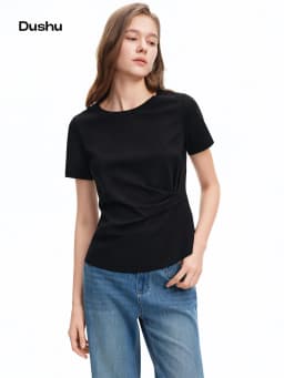 DUSHU 2026 Summer Women Asymmetrical Cut-out T-shirt Structured Shoulder Waist-Cinching Round Neck Top Side Slit Daily Essential