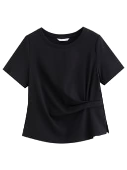 DUSHU 2026 Summer Women Asymmetrical Cut-out T-shirt Structured Shoulder Waist-Cinching Round Neck Top Side Slit Daily Essential