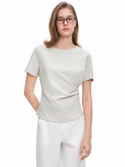 DUSHU 2026 Summer Women Asymmetrical Cut-out T-shirt Structured Shoulder Waist-Cinching Round Neck Top Side Slit Daily Essential