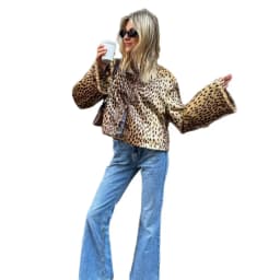 UNITIM Women Faux Fur Leopard Jacket Round Neck Long Sleeve Button Front Coats Spring Edgy Women Outerwear Lady Vintage Outwear