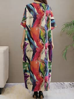 Large size summer new artistic loose print V-neck short sleeved dress for women