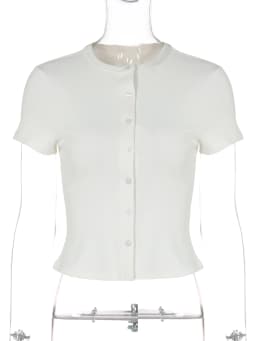 Hugcitar Fashion Solid O Neck Short Sleeve Buttons Sexy Slim Crop T-Shirt Top Summer Casual Women Clothes Streetwear Party