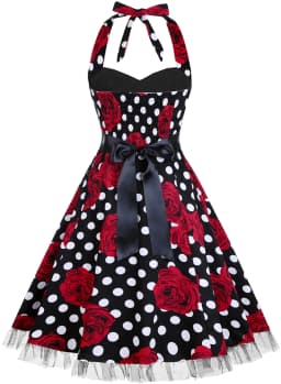 Womens Hepburn Halter Neck Floral Polka Dot Elegant 1950s A-Line Casual Party Fit And Flare Skater Swing Vintage Dress