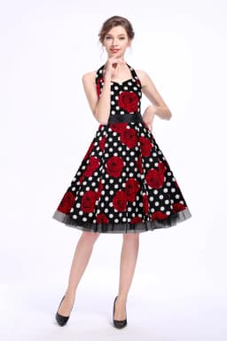 Womens Hepburn Halter Neck Floral Polka Dot Elegant 1950s A-Line Casual Party Fit And Flare Skater Swing Vintage Dress