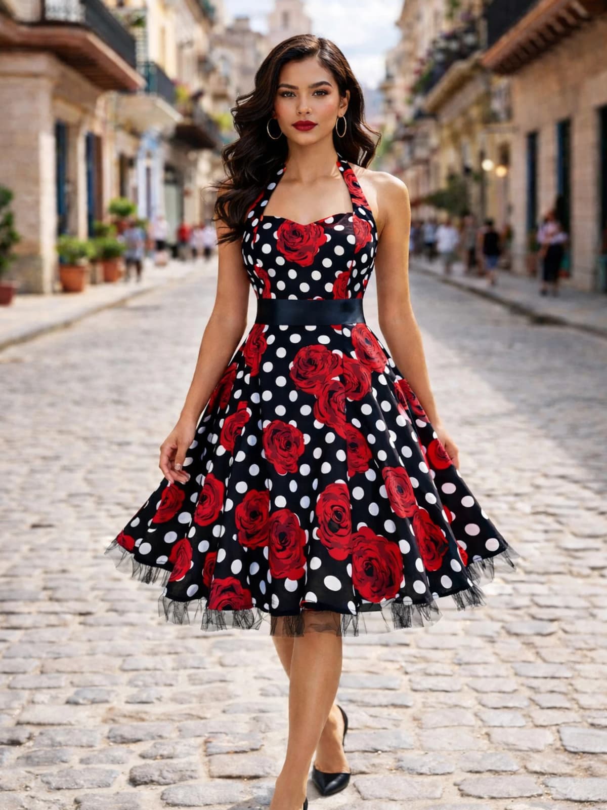 Womens Hepburn Halter Neck Floral Polka Dot Elegant 1950s A-Line Casual Party Fit And Flare Skater Swing Vintage Dress