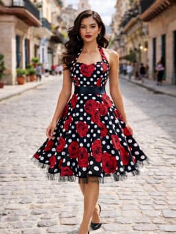 Womens Hepburn Halter Neck Floral Polka Dot Elegant 1950s A-Line Casual Party Fit And Flare Skater Swing Vintage Dress