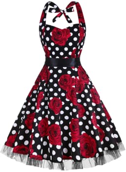 Womens Hepburn Halter Neck Floral Polka Dot Elegant 1950s A-Line Casual Party Fit And Flare Skater Swing Vintage Dress