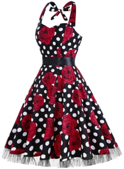 Womens Hepburn Halter Neck Floral Polka Dot Elegant 1950s A-Line Casual Party Fit And Flare Skater Swing Vintage Dress