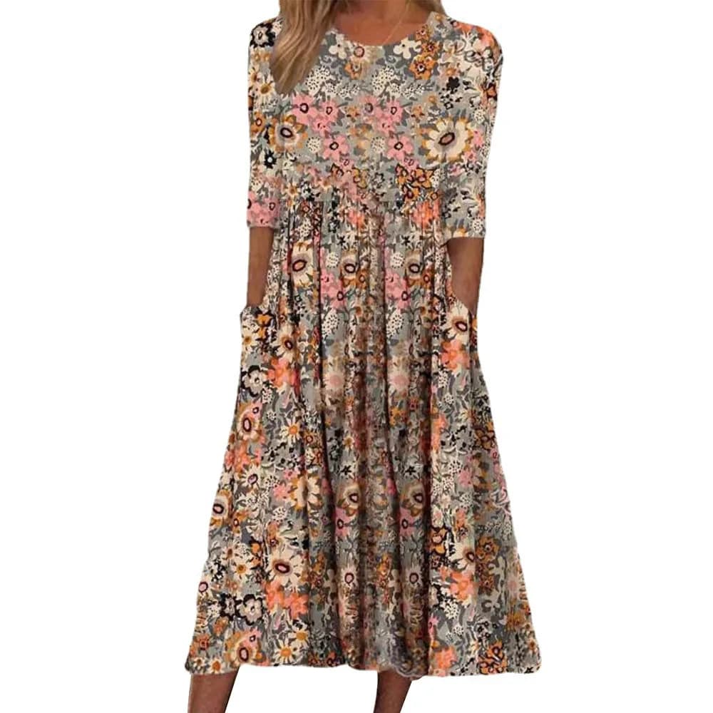 Spring Summer Printed Round Neck Casual Set Loose Long Dress with Pockets Middle Sleeve Cross-Border Women's Fashion