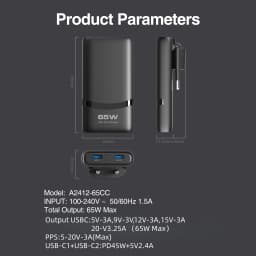 New 65W GaN Ultra-Slim Foldable Wall Charger, Supports USB-C Fast Charging, Suitable for Charging Smartphones and 5V/2.4A Device