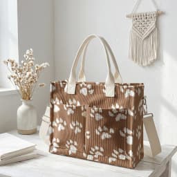 Cute Brown Paw Print Corduroy Tote Bag Large Capacity Multi Pocket Pet Lover Commuter Shoulder Bag