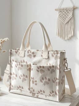 Cute Brown Paw Print Corduroy Tote Bag Large Capacity Multi Pocket Pet Lover Commuter Shoulder Bag