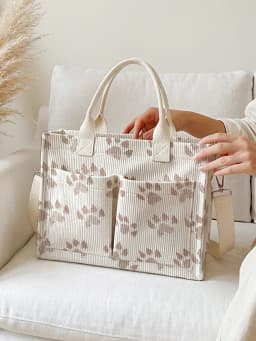 Cute Brown Paw Print Corduroy Tote Bag Large Capacity Multi Pocket Pet Lover Commuter Shoulder Bag