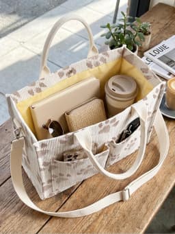 Cute Brown Paw Print Corduroy Tote Bag Large Capacity Multi Pocket Pet Lover Commuter Shoulder Bag