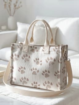 Cute Brown Paw Print Corduroy Tote Bag Large Capacity Multi Pocket Pet Lover Commuter Shoulder Bag
