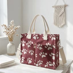 Cute Brown Paw Print Corduroy Tote Bag Large Capacity Multi Pocket Pet Lover Commuter Shoulder Bag