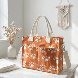 Cute Brown Paw Print Corduroy Tote Bag Large Capacity Multi Pocket Pet Lover Commuter Shoulder Bag