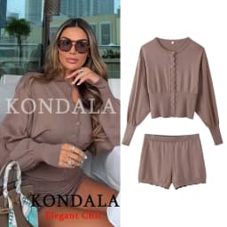 KONDALA Women Trendy Shorts Set Single Breasted Knitted Top Elastic Waist Shorts New Fashion 2026 Spring Summer Streetwear Set