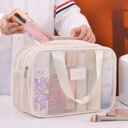 Double Layer Mesh Travel Makeup Bag, Large Capacity Handheld Cosmetic Pouch, Foldable Organizer for Women Vacation Toiletries