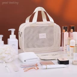 Double Layer Mesh Travel Makeup Bag, Large Capacity Handheld Cosmetic Pouch, Foldable Organizer for Women Vacation Toiletries