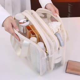 Double Layer Mesh Travel Makeup Bag, Large Capacity Handheld Cosmetic Pouch, Foldable Organizer for Women Vacation Toiletries