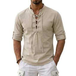 Men's Long Sleeved Linen T-Shirts Medieval Vintage Viking Top Cotton Shirts Men Halloween Costume Breathable Tops Yoga Shirts