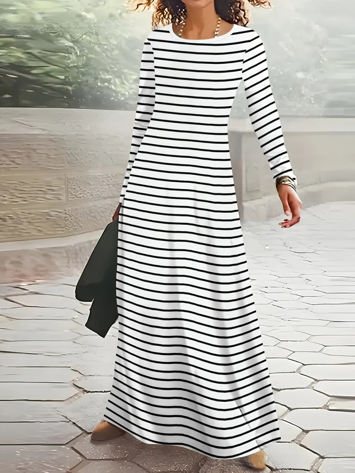 Women's Long Sleeve Round Neck Striped Dress Casual Office Work A Line Midi Dress Spring Autumn Fashion Solid Color Slim Fit