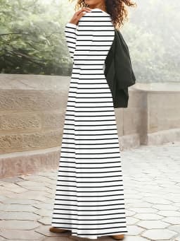 Women's Long Sleeve Round Neck Striped Dress Casual Office Work A Line Midi Dress Spring Autumn Fashion Solid Color Slim Fit