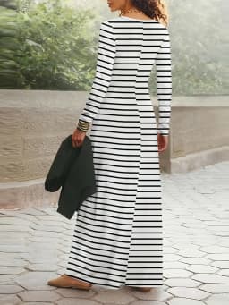 Women's Long Sleeve Round Neck Striped Dress Casual Office Work A Line Midi Dress Spring Autumn Fashion Solid Color Slim Fit