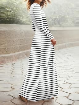 Women's Long Sleeve Round Neck Striped Dress Casual Office Work A Line Midi Dress Spring Autumn Fashion Solid Color Slim Fit