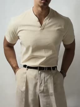 Summer Men's Casual Beige Henley Tee Notch V-Neck Short Sleeve Slim Fit Daily Top
