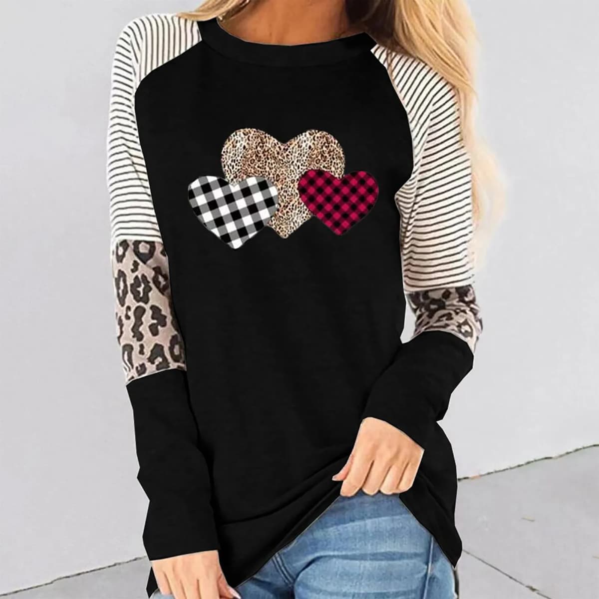 Spring new women's clothing Valentine's Day new long sleeved patchwork hot selling casual T-shirt round neck loose top