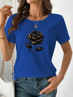 Women's Plus Size Oversized Black T-Shirt with Elegant Rose Print Fashion Harajuku Kawaii T-shirt Women's Y2K Clothing