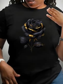 Women's Plus Size Oversized Black T-Shirt with Elegant Rose Print Fashion Harajuku Kawaii T-shirt Women's Y2K Clothing