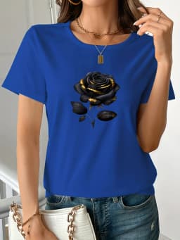 Women's Plus Size Oversized Black T-Shirt with Elegant Rose Print Fashion Harajuku Kawaii T-shirt Women's Y2K Clothing