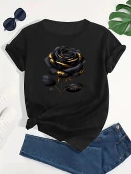 Women's Plus Size Oversized Black T-Shirt with Elegant Rose Print Fashion Harajuku Kawaii T-shirt Women's Y2K Clothing