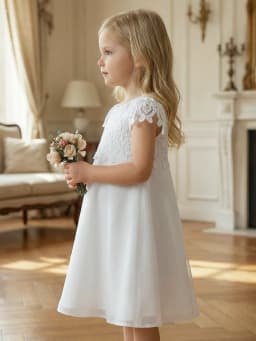 Young Girls Cute and Elegant Princess Dress Little Girl White Silk Crepe Evening Gown with Lace Wedding Flower Peddler Dress