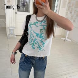 Tonngirls Korean Style T-shirt Women Short Sleeve Print Graphic Tops Streetwear Y2k Vintage Tops Japanese 2000s Tshirts E-girls