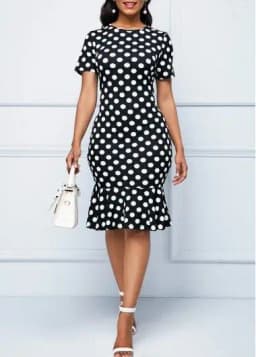 Women Polka Dot Bodycon Dress Short Sleeve Slim Fit Ruffle Hem Knee Length Elegant Casual Office Work Party Pencil Dress Vintage