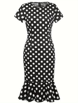 Women Polka Dot Bodycon Dress Short Sleeve Slim Fit Ruffle Hem Knee Length Elegant Casual Office Work Party Pencil Dress Vintage