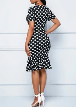 Women Polka Dot Bodycon Dress Short Sleeve Slim Fit Ruffle Hem Knee Length Elegant Casual Office Work Party Pencil Dress Vintage
