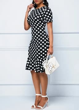 Women Polka Dot Bodycon Dress Short Sleeve Slim Fit Ruffle Hem Knee Length Elegant Casual Office Work Party Pencil Dress Vintage