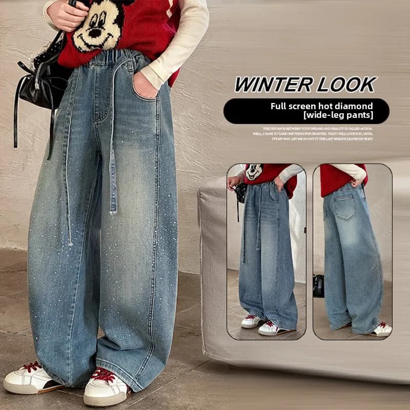 Girls Spring Autumn Denim Jeans Straight Leg Wide Leg Pants Embroidered Rhinestones Children's Faionable Trousers